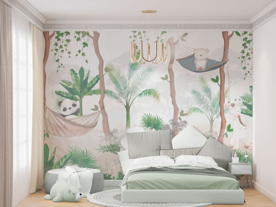 Um papel de parede com animais em redes de descanso na floresta