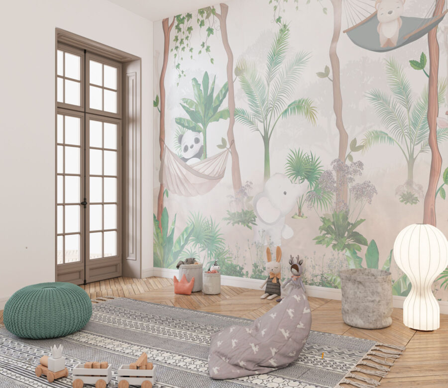 Um papel de parede com animais em redes de descanso na floresta