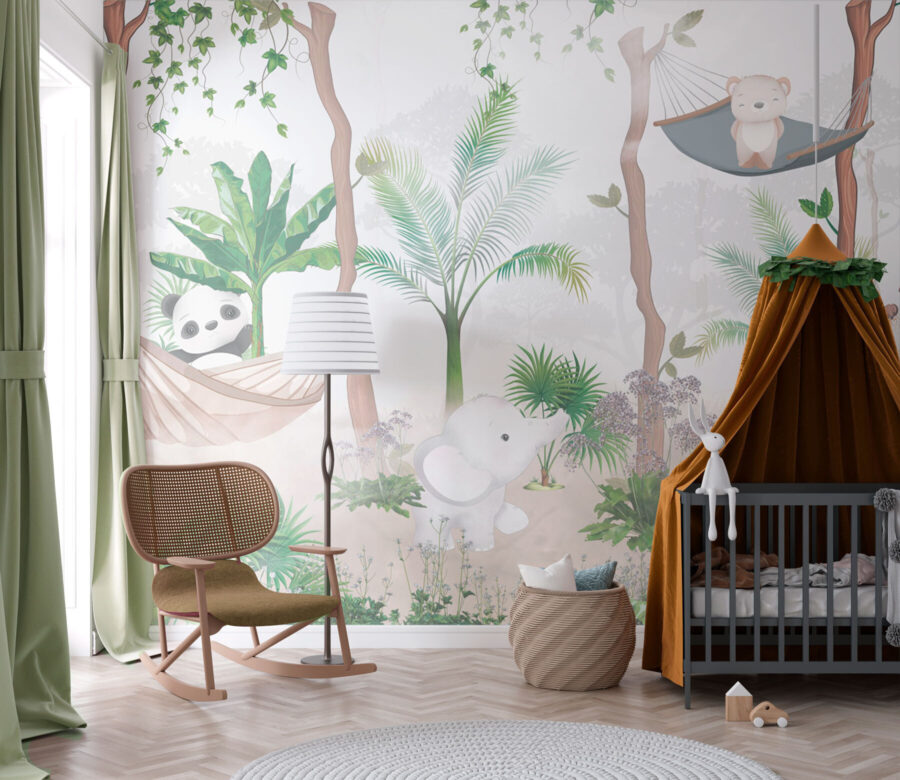 Um papel de parede com animais em redes de descanso na floresta