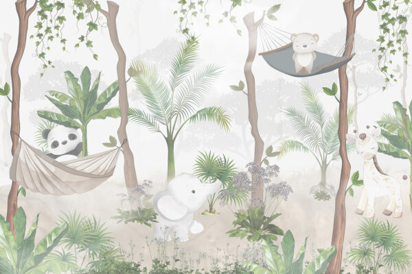Um papel de parede com animais em redes de descanso na floresta Um papel de parede com animais em redes de descanso na floresta