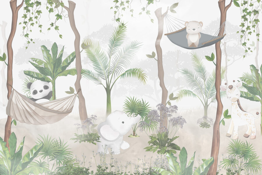 Um papel de parede com animais em redes de descanso na floresta