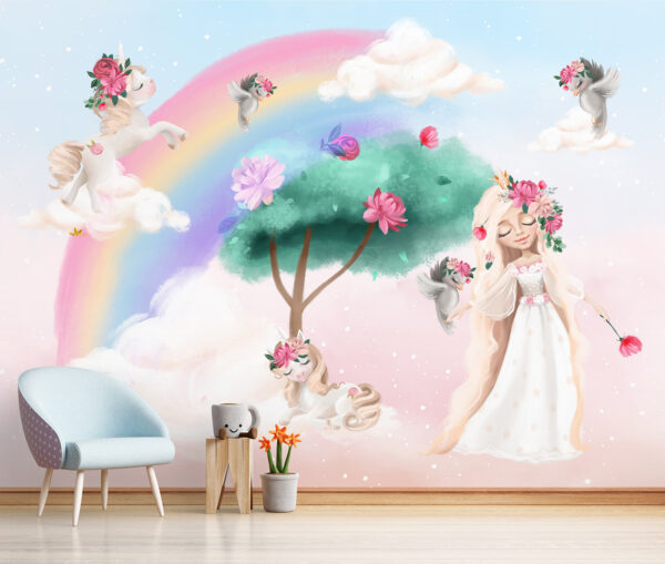 Desenho animado de uma rapariga com flores no cabelo e um arco-íris Desenho animado de uma rapariga com flores no cabelo e um arco-íris