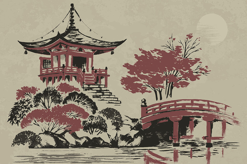 Uma pintura de um pagode e uma ponte Uma pintura de um pagode e uma ponte
