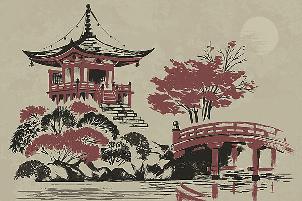Uma pintura de um pagode e uma ponte Uma pintura de um pagode e uma ponte