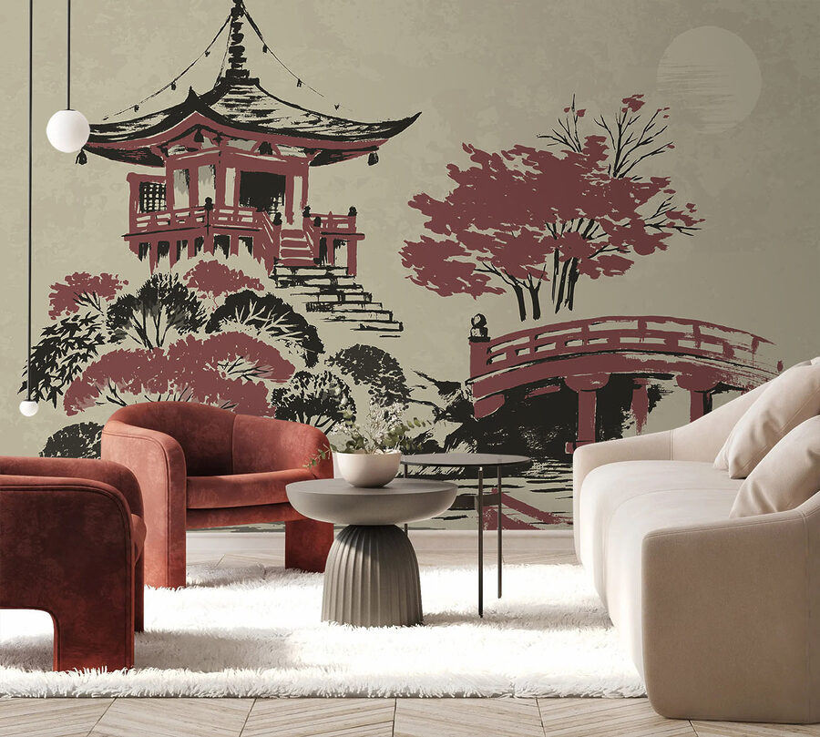 Uma pintura de um pagode e uma ponte