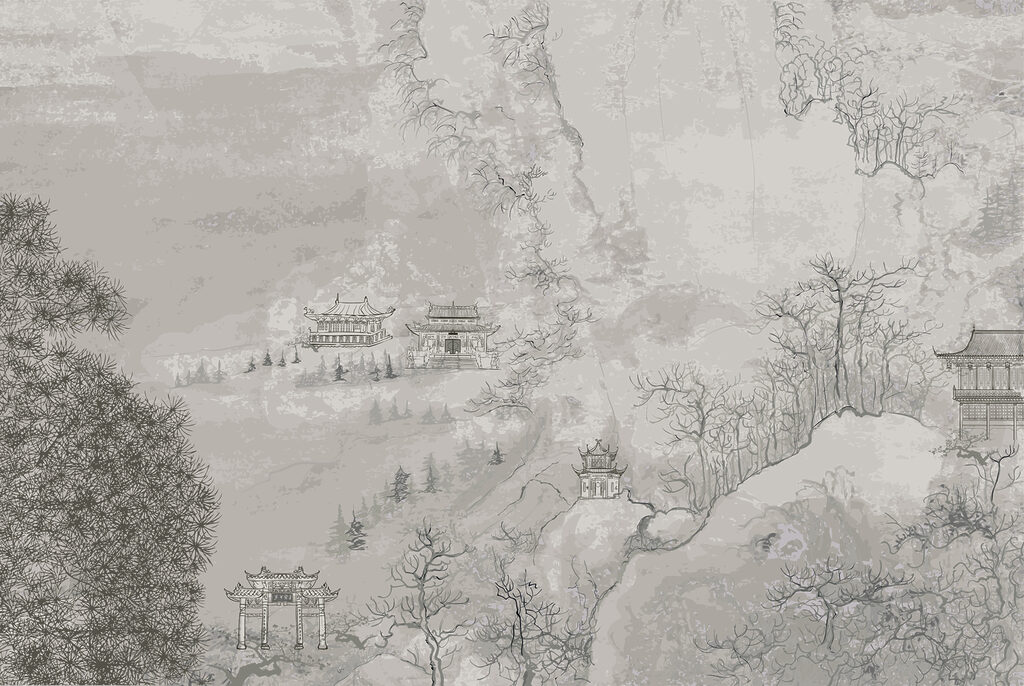 Uma pintura de edifícios numa montanha Uma pintura de edifícios numa montanha