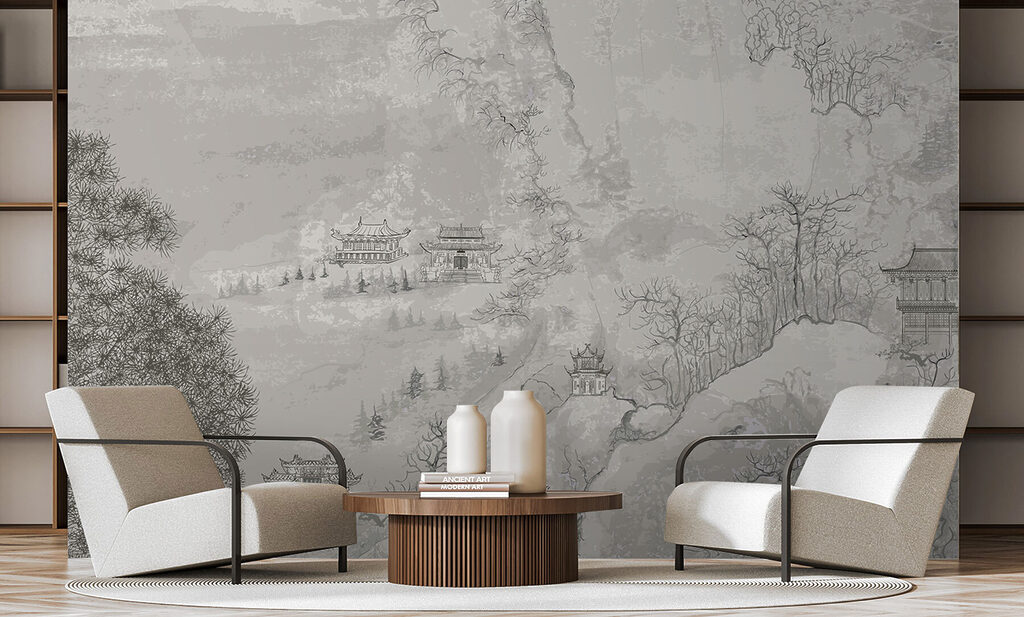 A painting of buildings on a mountain