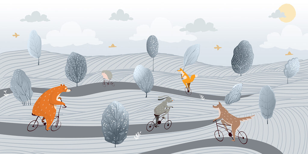 Um grupo de animais a andar de bicicleta num campo Um grupo de animais a andar de bicicleta num campo