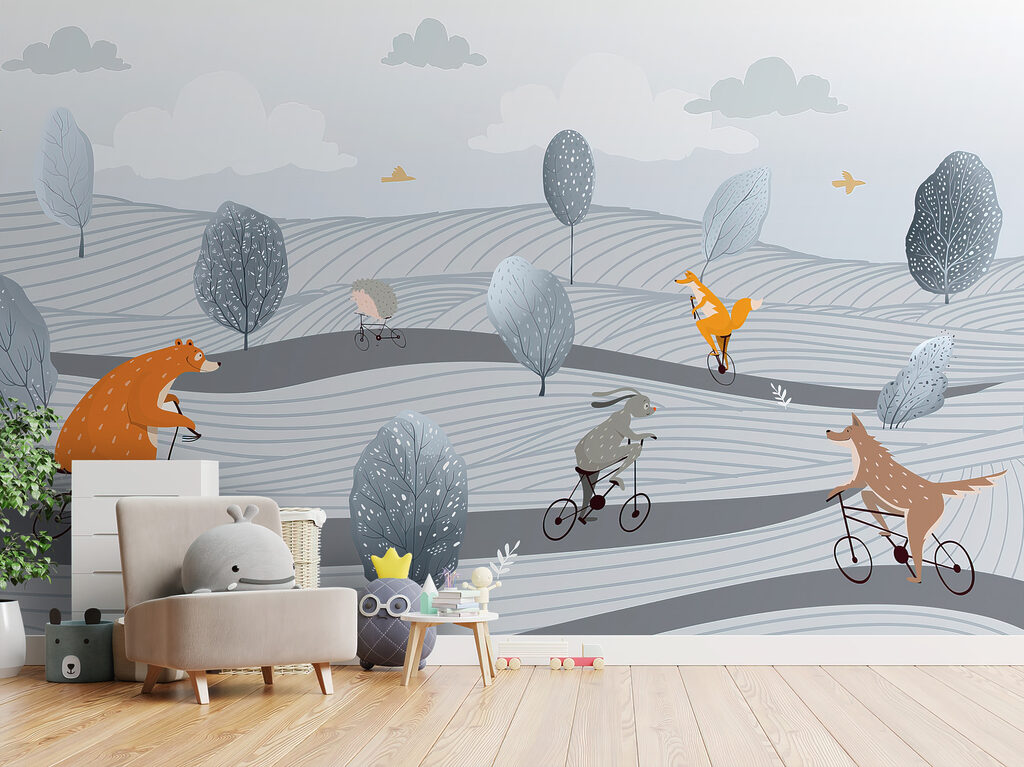 A group of animals riding bicycles in a field A group of animals riding bicycles in a field