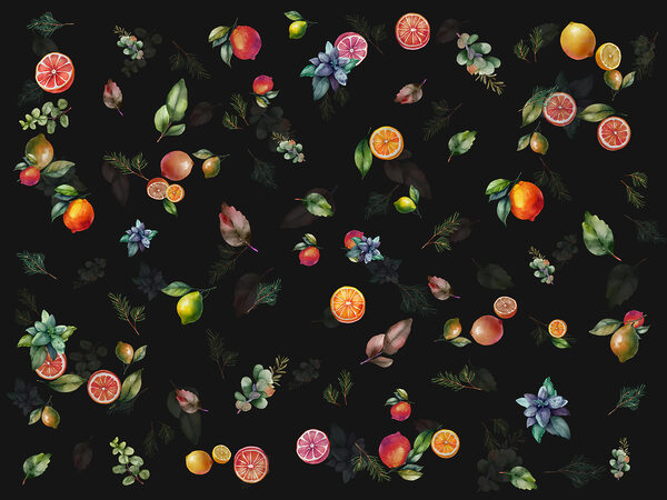 A pattern of fruit and leaves
