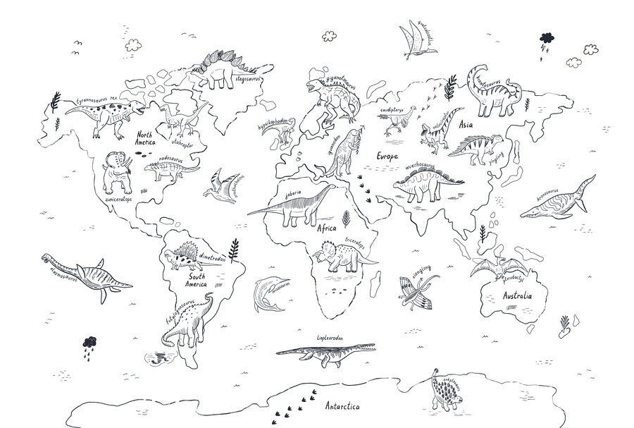 Um mapa do mundo com dinossauros