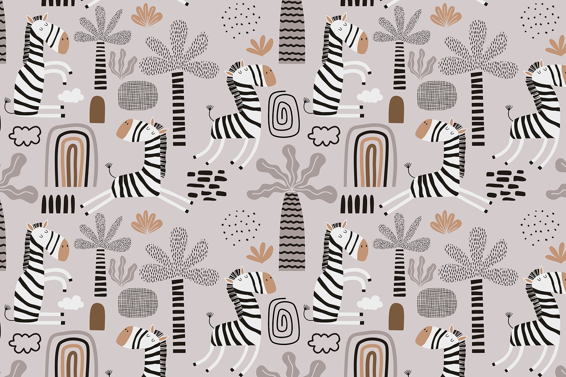 A pattern of zebras and trees