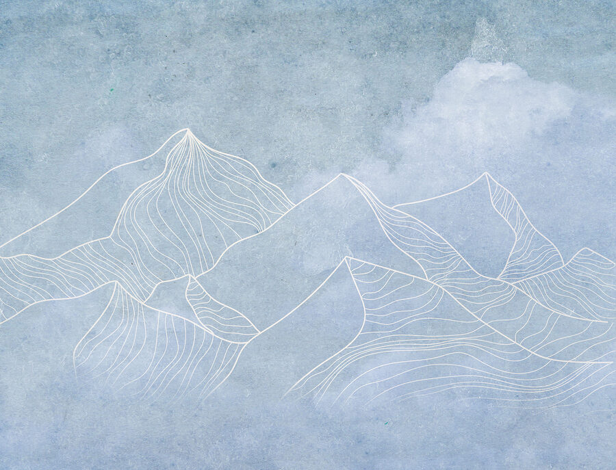 Um desenho de montanhas com nuvens