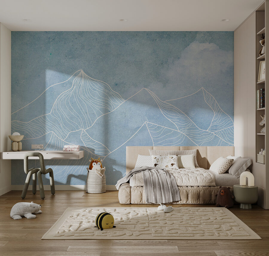 Um desenho de montanhas com nuvens