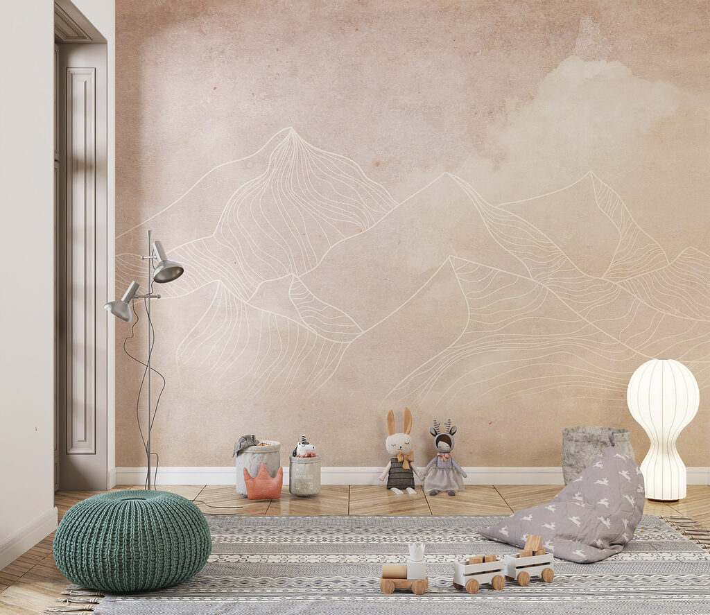 A drawing of mountains and clouds