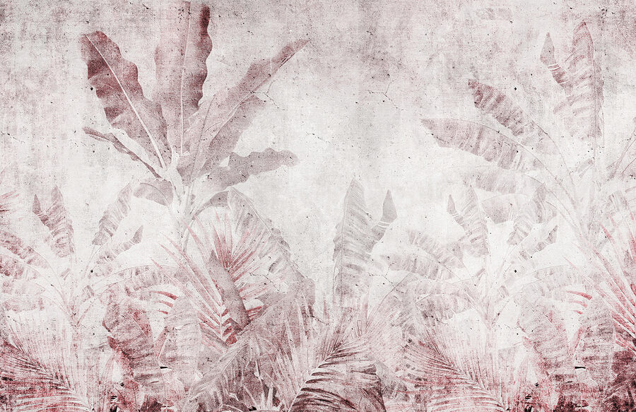Fundo com padrão de folhas tropicais.