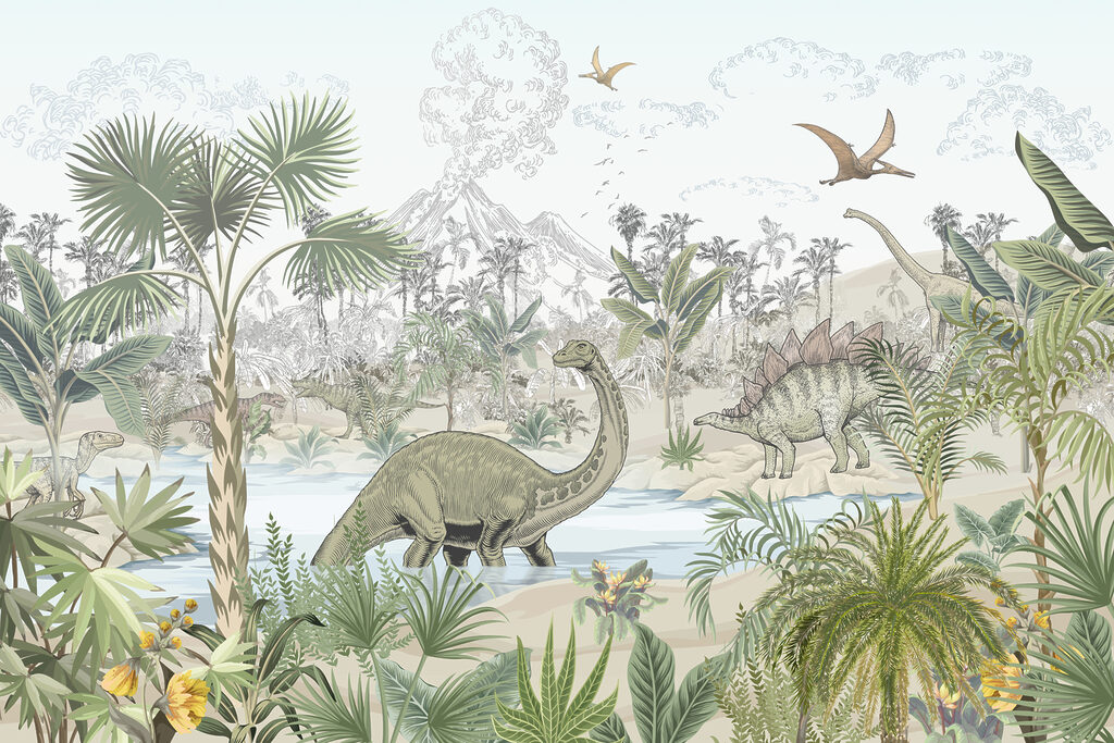 Um grupo de dinossauros num rio Um grupo de dinossauros num rio