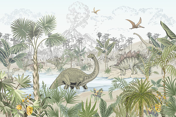 Um grupo de dinossauros num rio Um grupo de dinossauros num rio