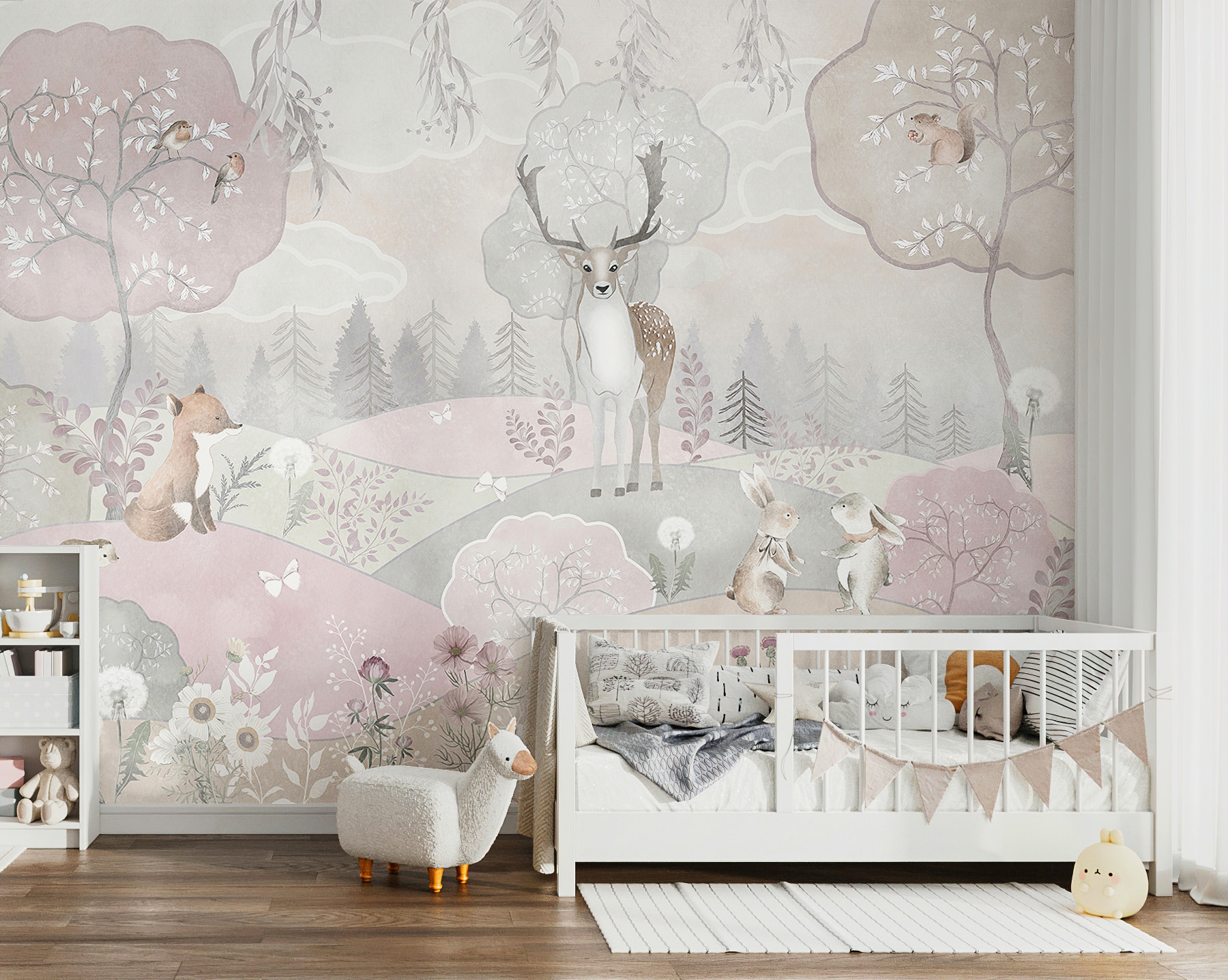A wallpaper with animals and trees
