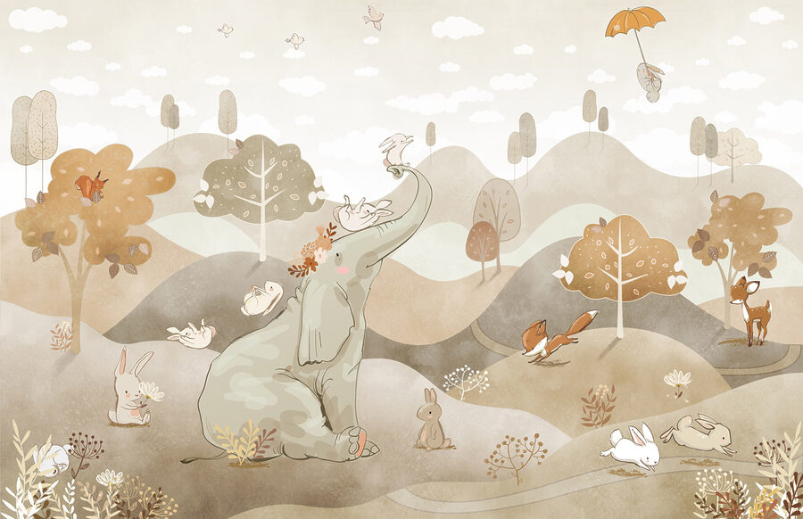 Um elefante e coelhos numa paisagem