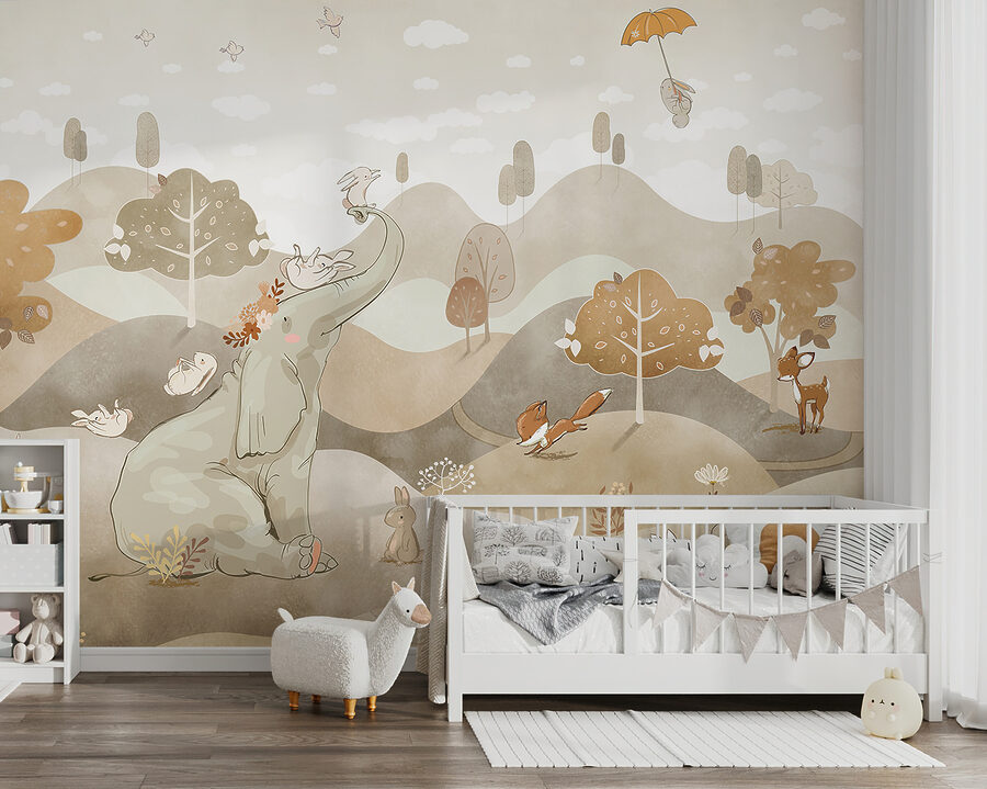 Um elefante e coelhos numa paisagem