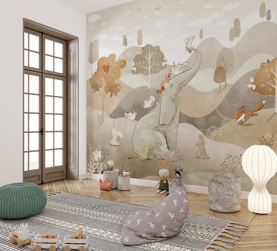 Um elefante e coelhos numa paisagem