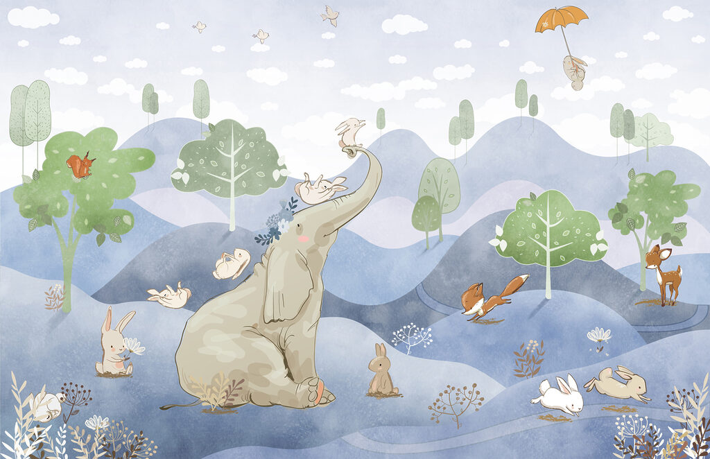 Um elefante e coelhos numa floresta Um elefante e coelhos numa floresta