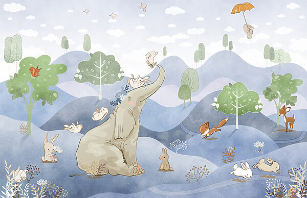 Um elefante e coelhos numa floresta Um elefante e coelhos numa floresta