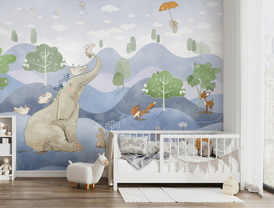 Um elefante e coelhos numa floresta