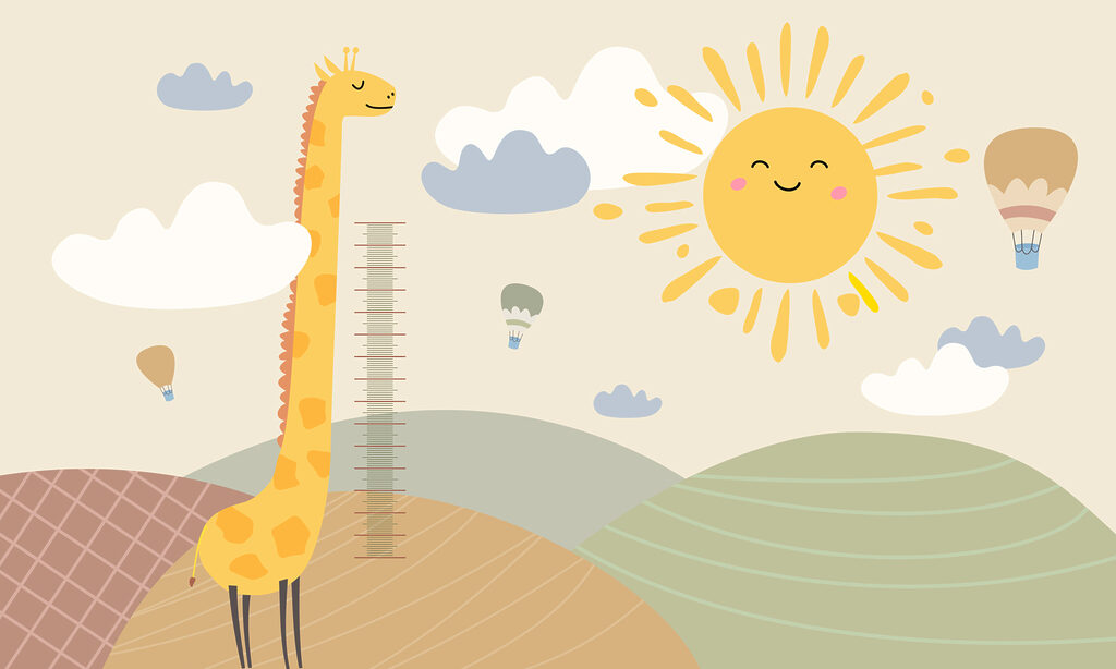 Uma girafa num campo com um sol e nuvens Uma girafa num campo com um sol e nuvens