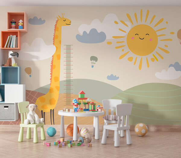 Uma girafa num campo com um sol e nuvens Uma girafa num campo com um sol e nuvens