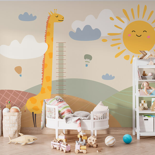 Uma girafa num campo com um sol e nuvens Uma girafa num campo com um sol e nuvens