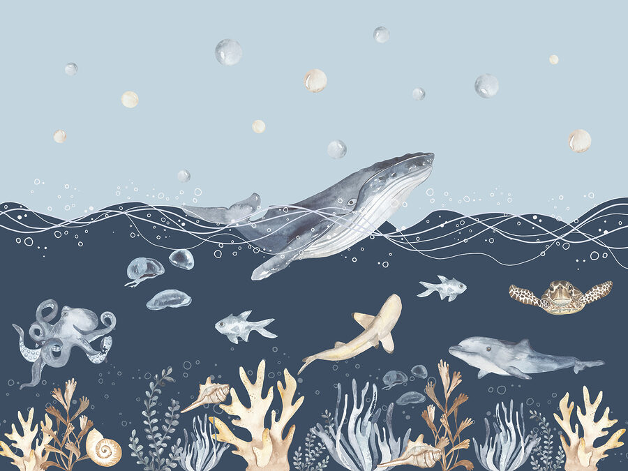Uma aguarela de uma baleia e de um peixe