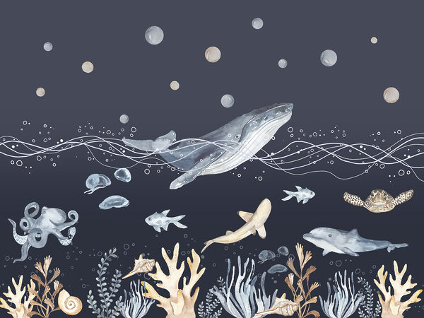 A watercolor of a whale and fish