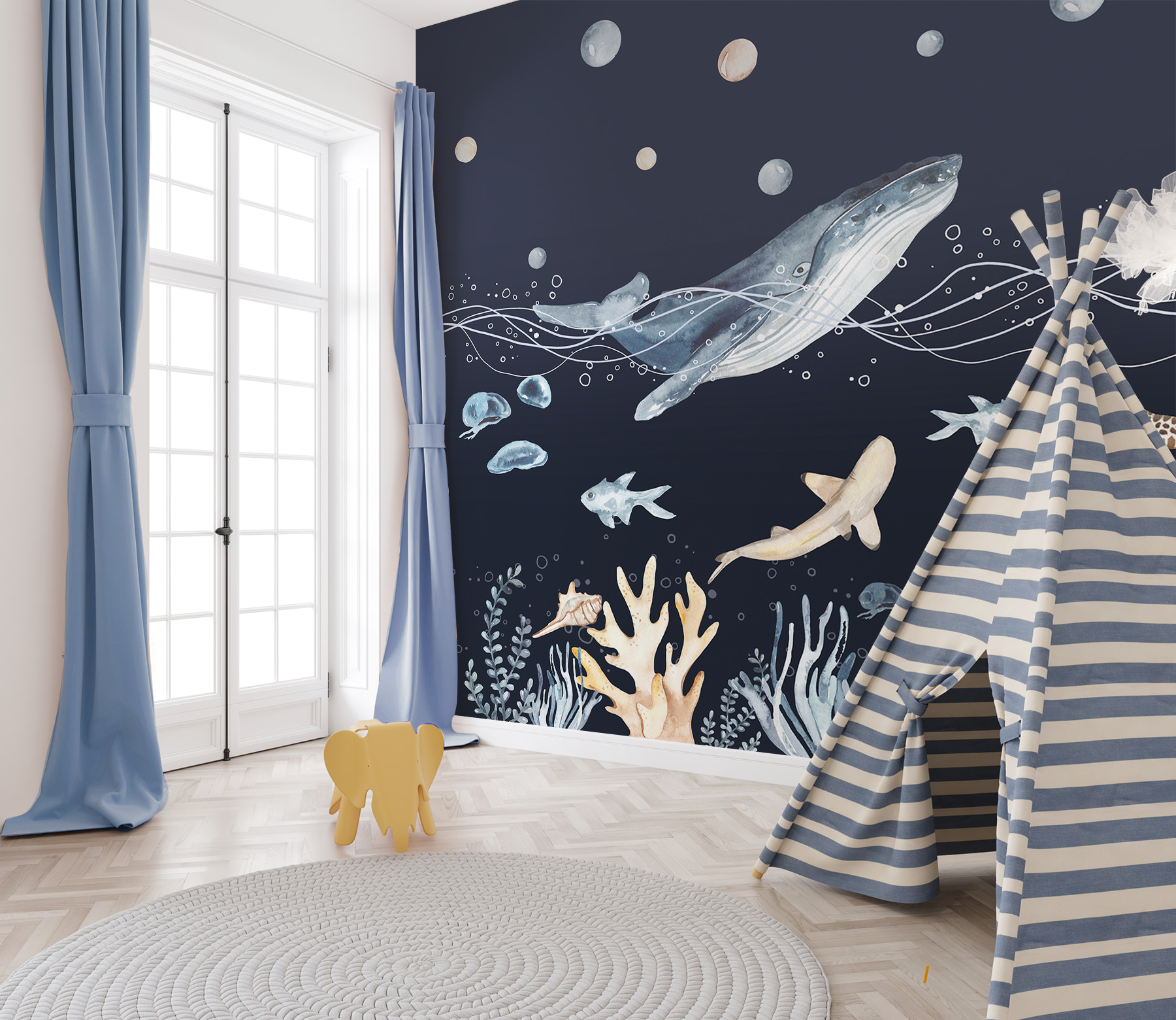 A watercolor of a whale and fish