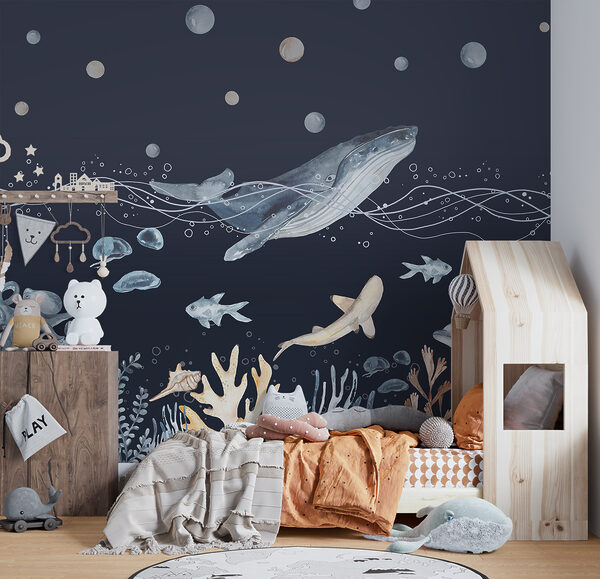 A watercolor of a whale and fish