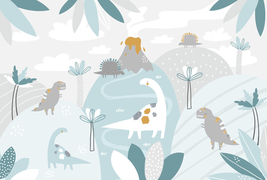 Um dinossauro de banda desenhada com um vulcão e plantas