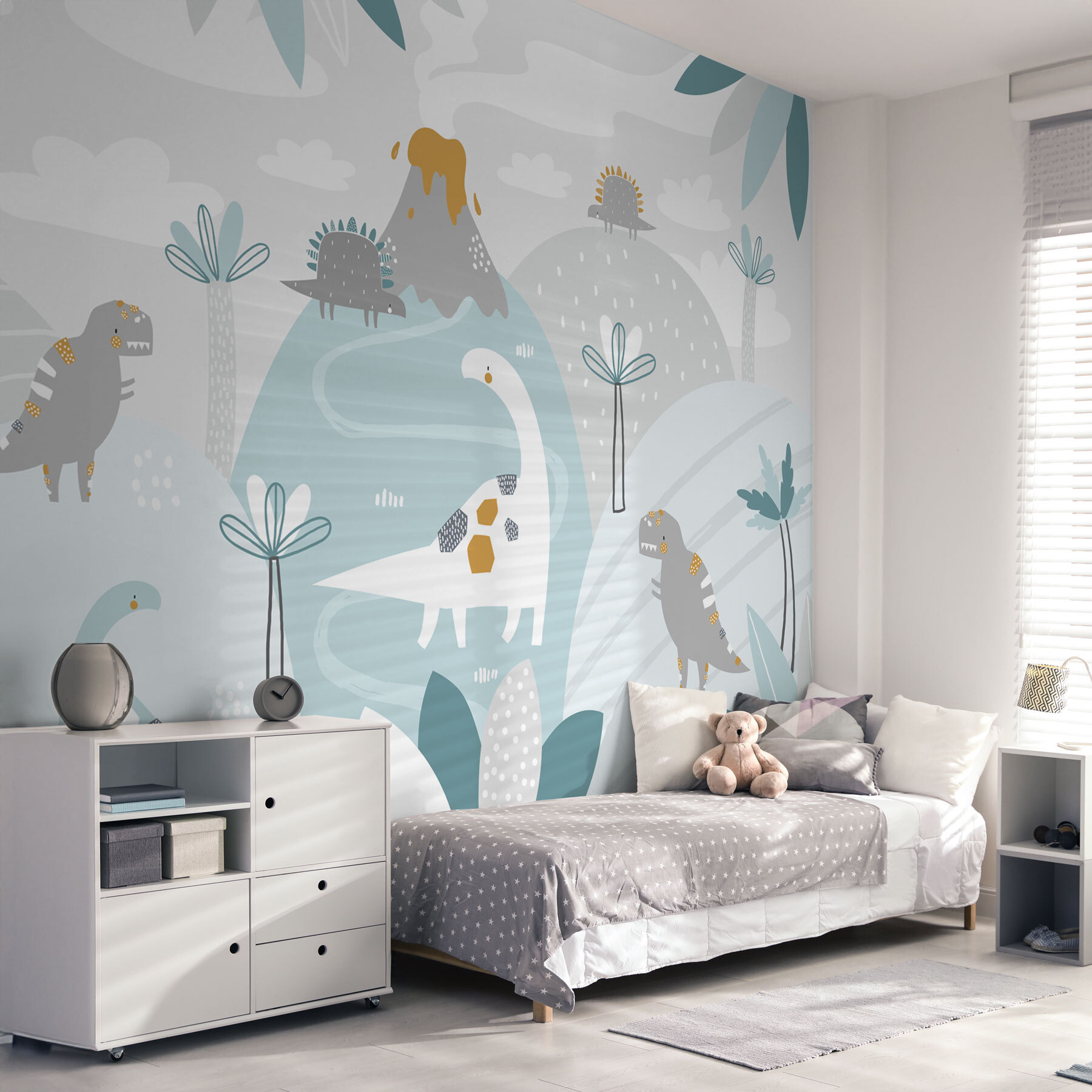 A cartoon dinosaur with a volcano and plants