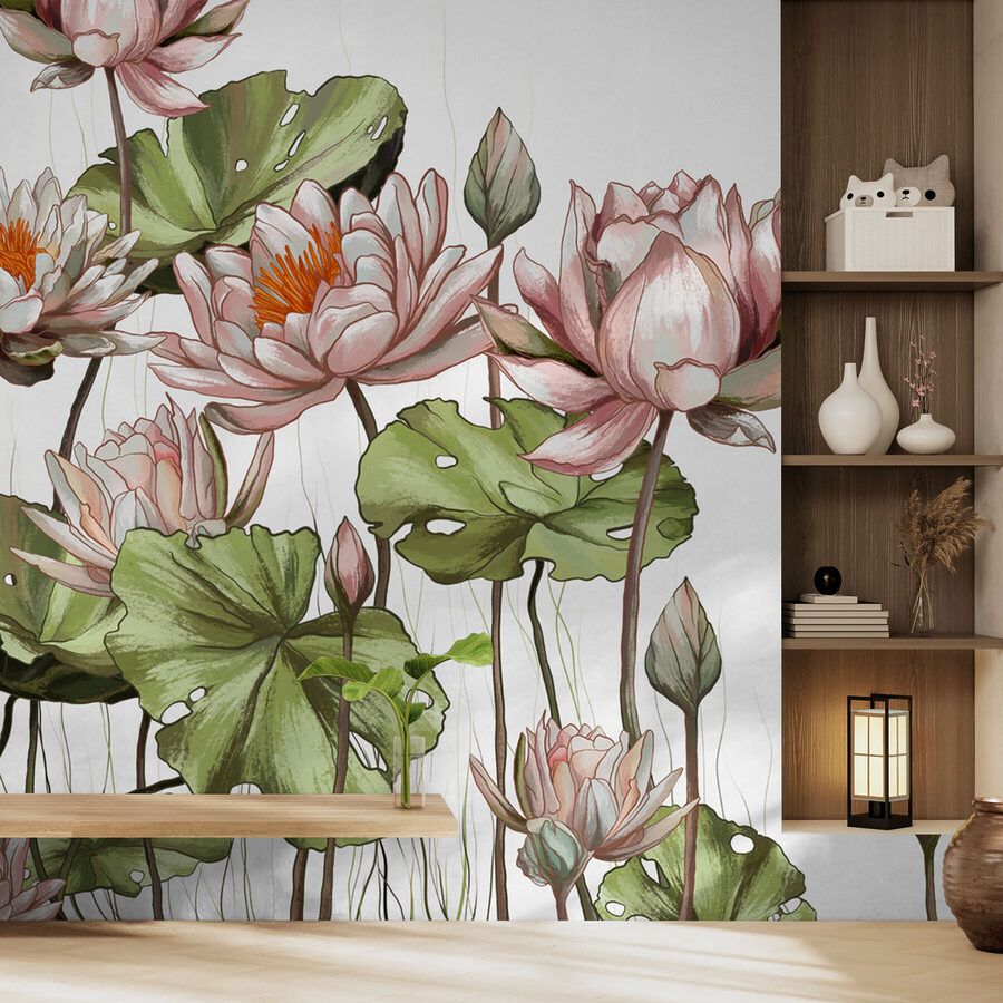 Um grupo de flores com folhas