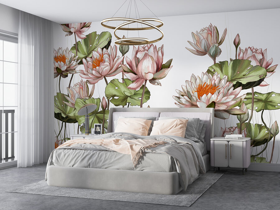 Um grupo de flores com folhas