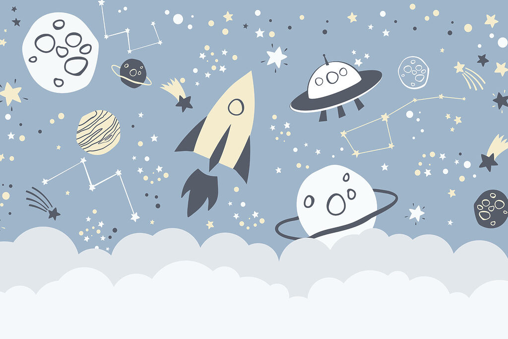 Uma cena espacial de banda desenhada com planetas e estrelas Uma cena espacial de banda desenhada com planetas e estrelas