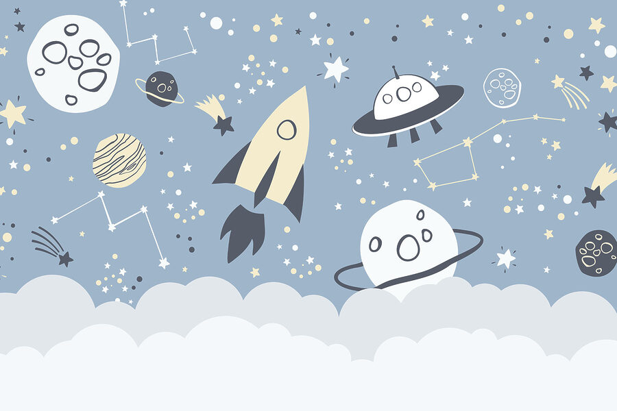 Uma cena espacial de banda desenhada com planetas e estrelas