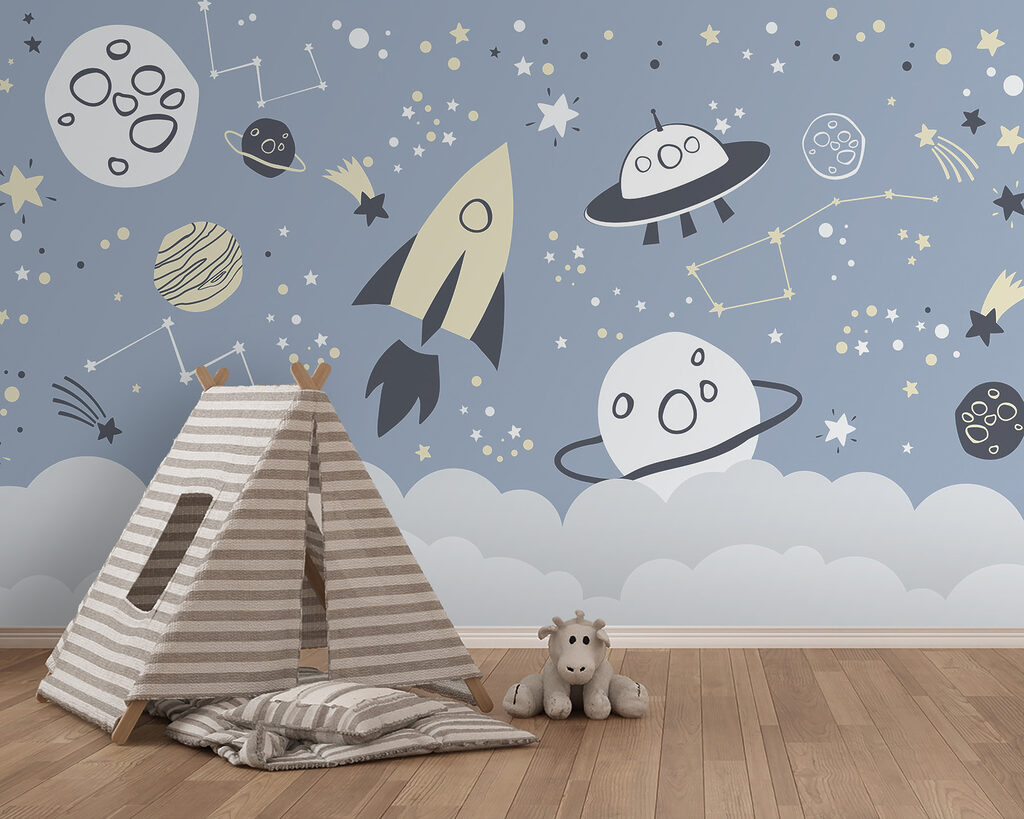 A cartoon space scene with planets and stars A cartoon space scene with planets and stars