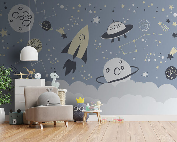 Uma cena espacial de banda desenhada com planetas e estrelas Uma cena espacial de banda desenhada com planetas e estrelas
