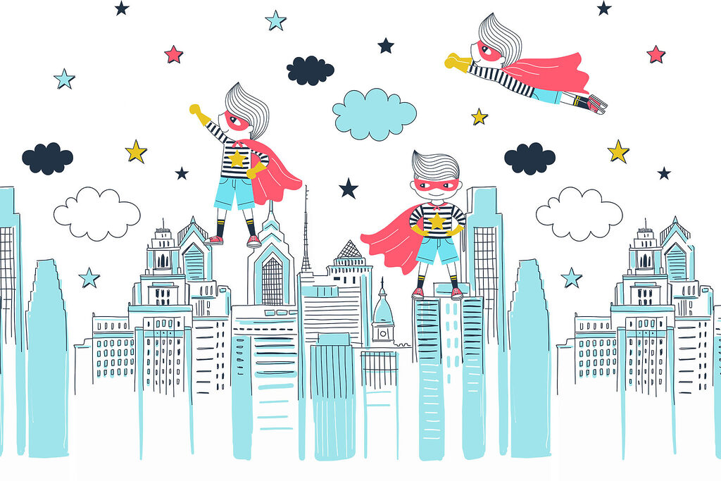 Um desenho animado de um super-herói numa cidade Um desenho animado de um super-herói numa cidade