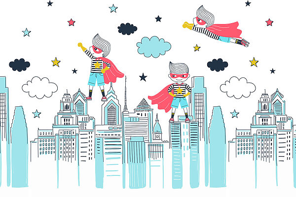 Um desenho animado de um super-herói numa cidade Um desenho animado de um super-herói numa cidade