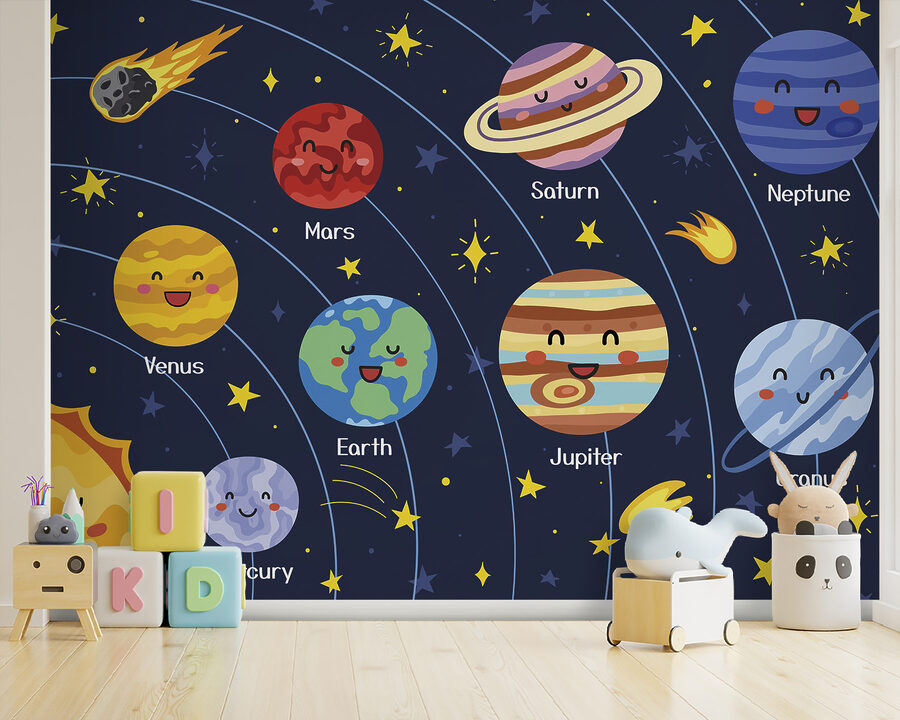 Papel de parede Desenho animado de planetas e estrelas no espaço