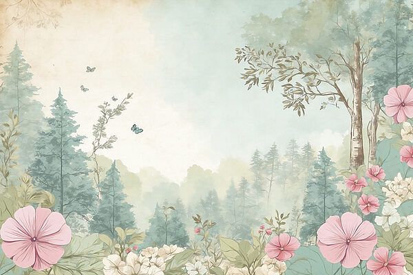 Uma pintura de flores e árvores Uma pintura de flores e árvores
