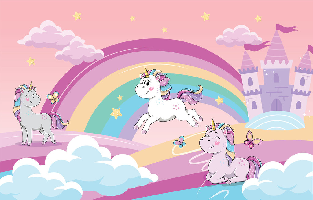 Um desenho animado de unicórnios e um arco-íris Um desenho animado de unicórnios e um arco-íris