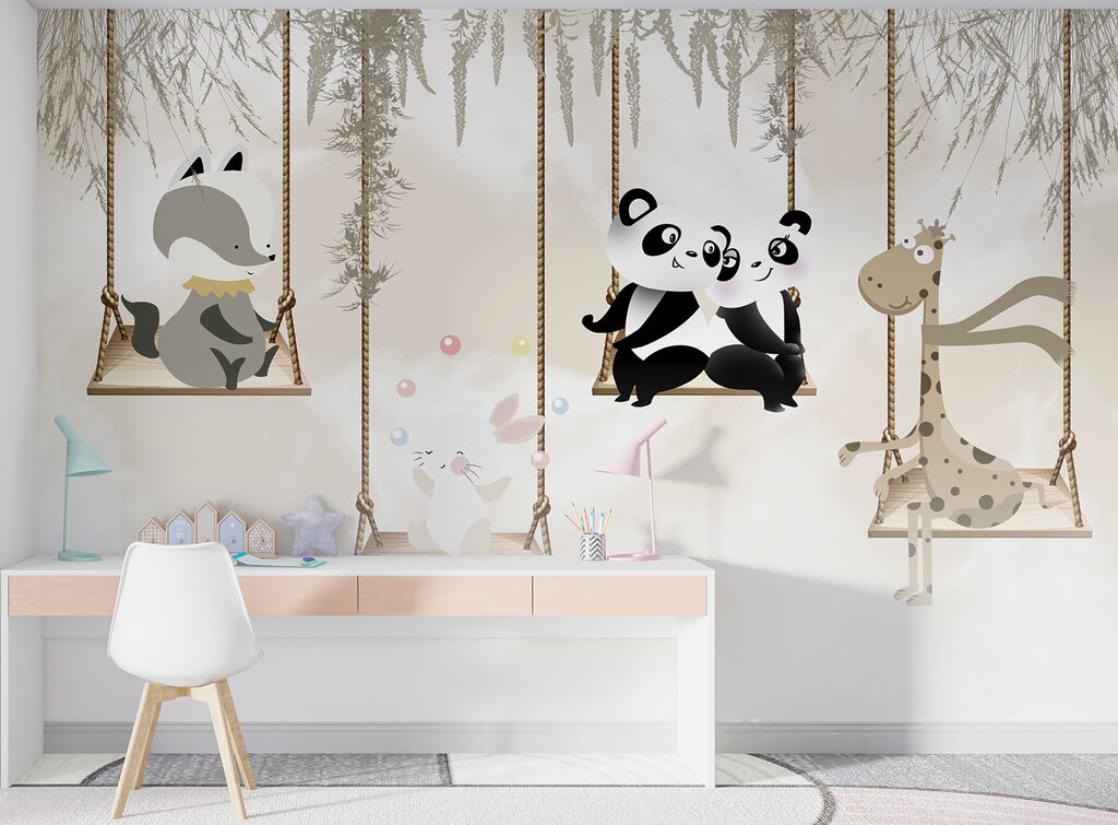 A group of animals on swings